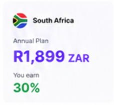 South Africa — R1,899 ZAR Annual Plan, 30% commission