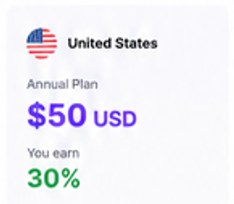 United States — $50 USD Annual Plan, 30% commission